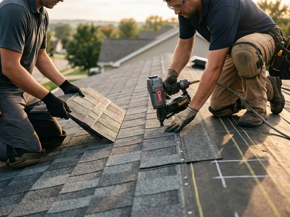 Professional roofer working on a residential roof in West Chicago